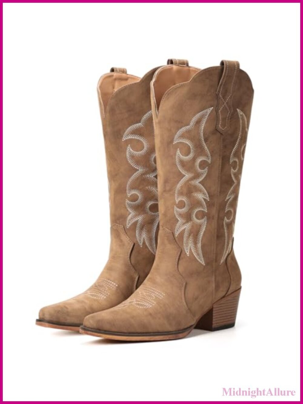 Western Cowboy Boots Women Chunky Block Heel Mid Calf Faux Leather Slip-On
